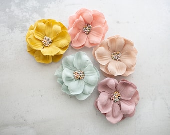 Sweet Fabric Flowers | Pastel Artificial Pansy or Magnolia with Multicolor Stamen | Peach, Tan, Mauve, Yellow, Blue, Grey Craft Wildflowers