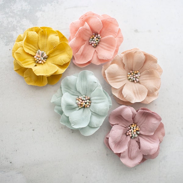 Sweet Fabric Flowers | Pastel Artificial Pansy or Magnolia with Multicolor Stamen | Peach, Tan, Mauve, Yellow, Blue, Grey Craft Wildflowers