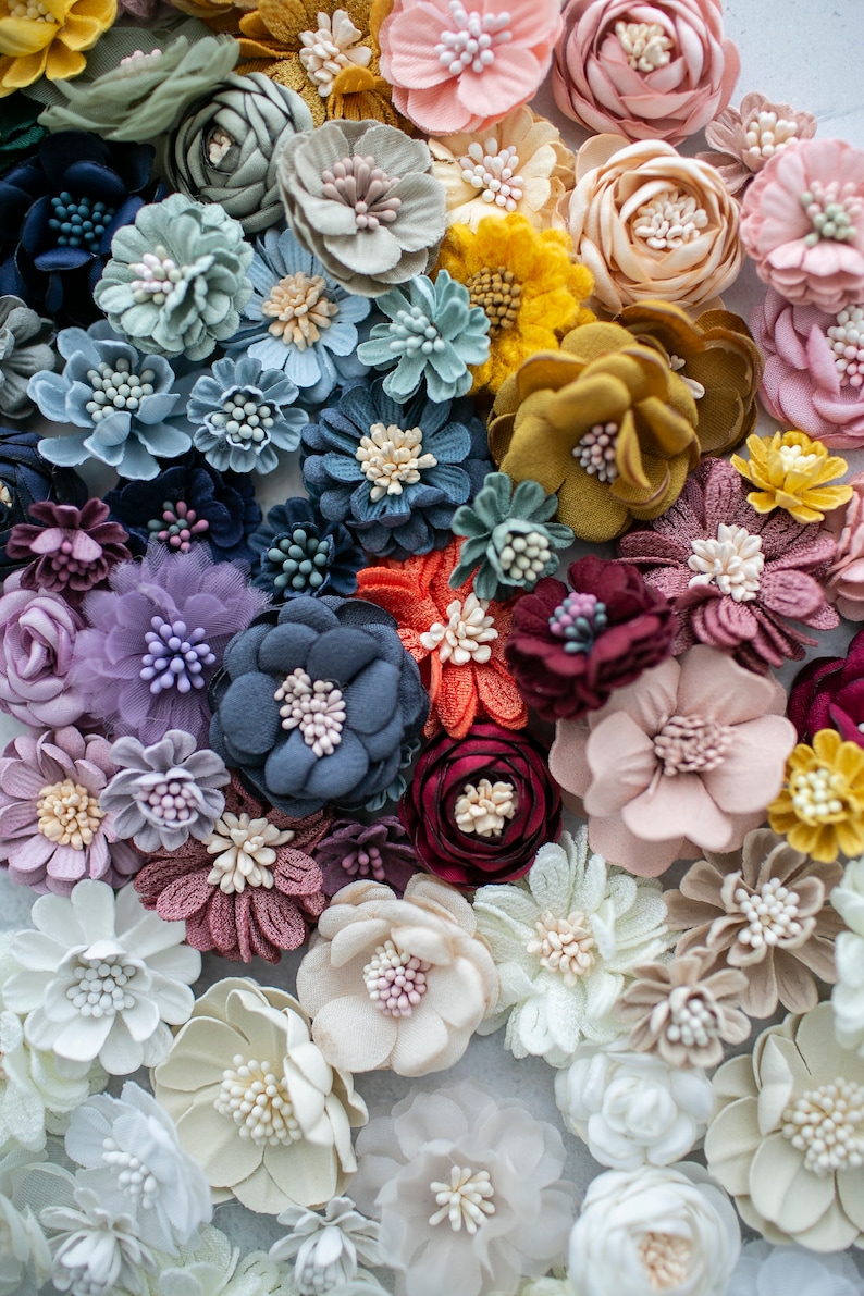 Mini Millinery Fabric, Woven and Felt Flowers Petite Craft Flowers Grab Bag Rainbow Assorted Artificial 1/2 to 1.5 inch Floral Multipack image 8