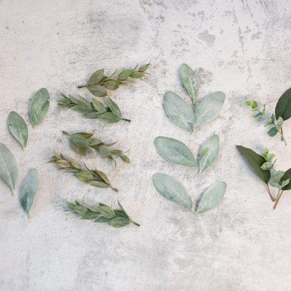 Lot de verdure en vrac | Mélanger les pétales de feuilles vertes | Tiges et branches pour coiffer | Accessoire photo Fausse verdure | Feuilles de ruscus artificielles