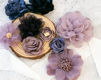 Fabric Flower Variety Bundle | Amethyst Purple Tones Flower Pack | Eggplant + Navy Fabric Flowers | Craft Flower Multipack | Floral Grab Bag