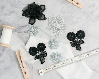Black & Silver Lace Flower Appliqué Embellishment Bundle