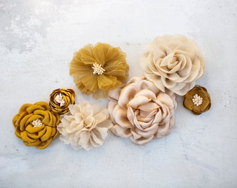 Boho Fabric Flower Variety Bundle | Muted Blooms Applique Flowers | Mustard Yellow & Tan Craft Flower Multipack | 3D Floral Decorations