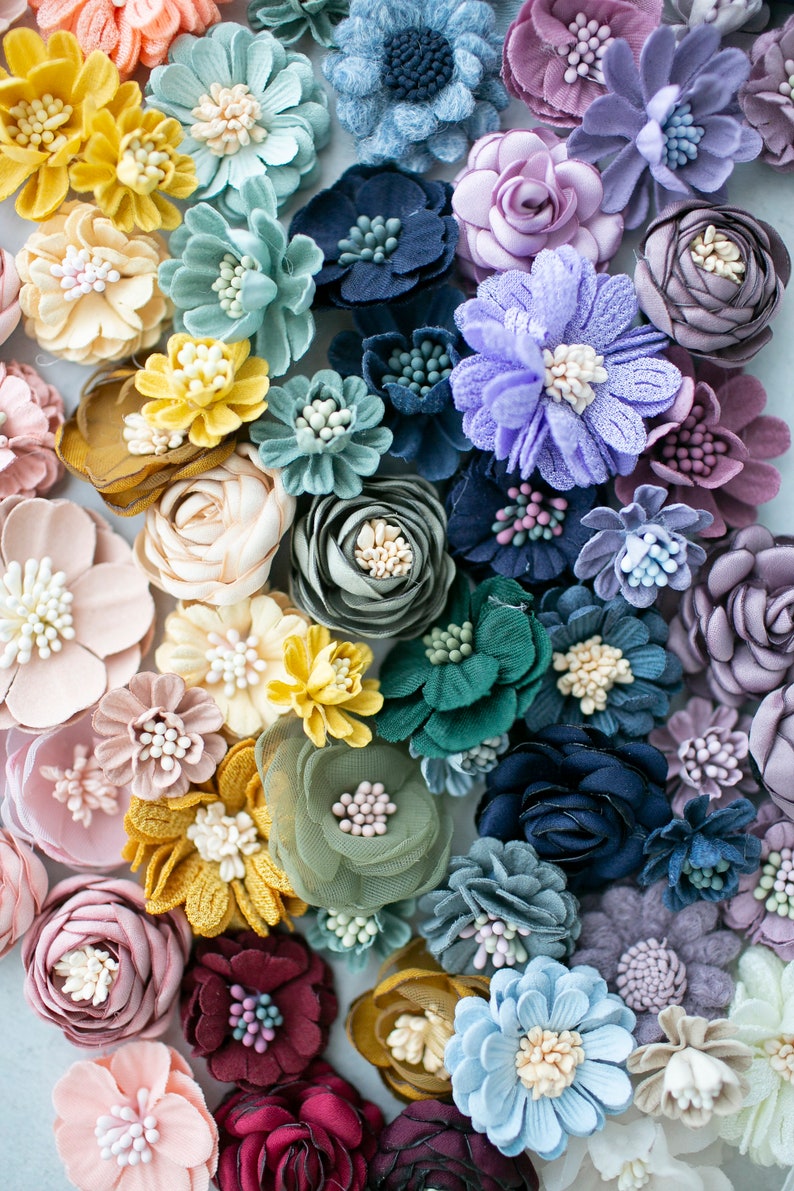 Mini Millinery Fabric, Woven and Felt Flowers Petite Craft Flowers Grab Bag Rainbow Assorted Artificial 1/2 to 1.5 inch Floral Multipack image 7
