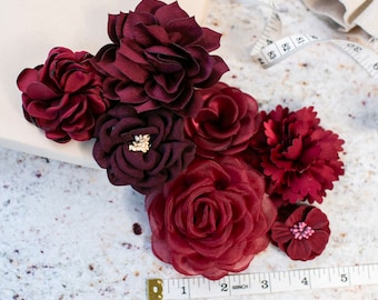 Fabric Flower Variety Bundle | Burgundy Flower Pack | Fabric Flowers | Wine Red Craft Flower Multipack | Romantic Jewel Tone Floral Grab Bag