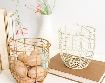 Geometric Wire Basket with Swing Handle: Ivory or Gold Metal Pail