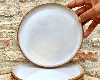 Beige stoneware plate with white enamel, handmade in France