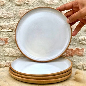 Beige stoneware plate with white enamel, handmade in France