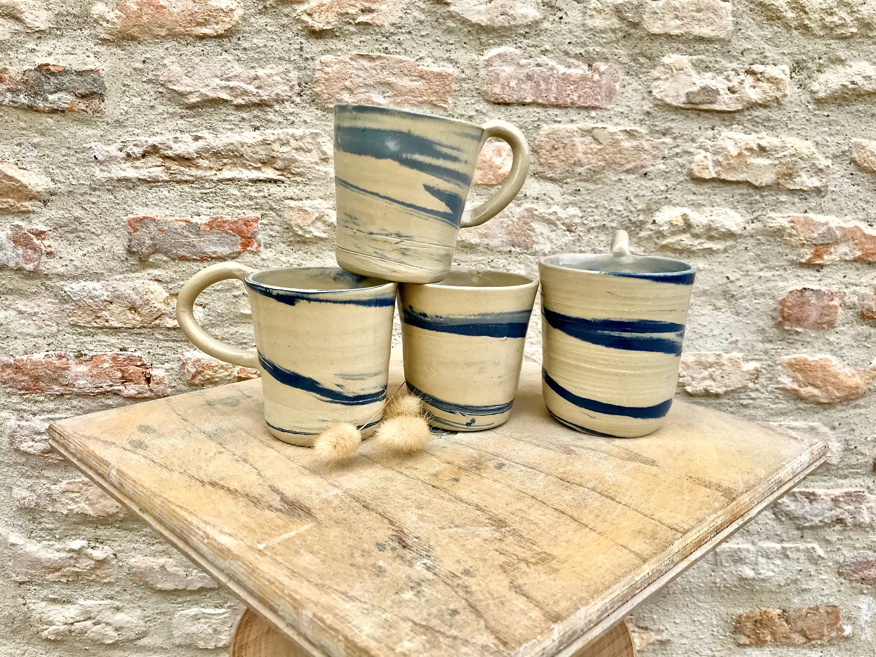 Mug Bleu et Blanc Artisanal Grés Fait Main en France