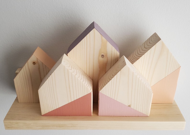 set of 5 mini neutral pink purple toy houses nursery decor scandinavian wood toy wood play home baby girl room minimal block house