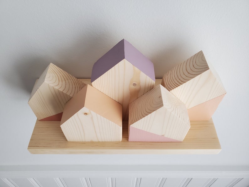 set of 5 mini neutral pink purple toy houses nursery decor scandinavian wood toy wood play home baby girl room minimal block house