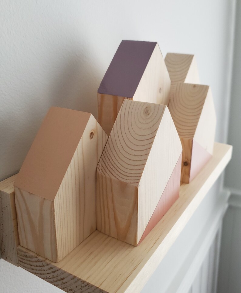 set of 5 mini neutral pink purple toy houses nursery decor scandinavian wood toy wood play home baby girl room minimal block house