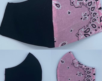 Black and Pink Bandana Face Mask with Integrated Non-Woven Filter Liner