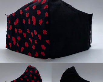 Black and Red Kisses/Lips Face Mask with Integrated Non-Woven Filter Liner