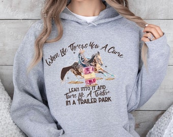 Barrel Racer Horse Riding Sport Gift, Western Cowgirl Rodeo Hoodie Sweatshirt, Horseback Riding Equestrian Woman Competitor Hoodie Present