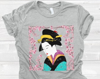Beautiful Geisha In Cherry Blossom Shirt, Japanese Geisha, The Geisha Shirt, Cherry Blossom Geisha Shirt, Japanese Tradional Lady Geisha Tee