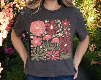 Botanical Vintage Boho Wild Flower Graphic Tshirt, Floral Bohemian Hippie Influeneced Style Apparel Unisex Gift, Vintage 80s Vibe Floral Tee