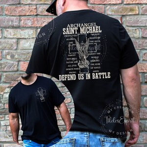 Archangel Saint Michael Cross Catholic Prayer Devotion Religious Tshirt Gift, Defend Us In Battle Spirtual Faith Warefare Catholic Apparel