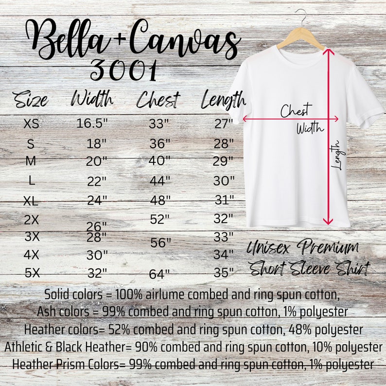 May include: A size chart for a unisex short sleeve t-shirt. The chart shows the width, chest, and length measurements in inches for sizes XS to 5X. The chart also includes information about the fabric composition of the t-shirt.