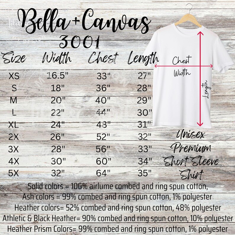May include: A white Unisex Premium Short Sleeve Shirt from Bella+Canvas, size chart with measurements in inches. The shirt is hanging on a wooden hanger. The chart includes size, width, chest, and length measurements.