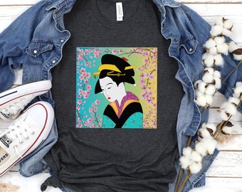 Japanese Artisan, The Beautiful Geisha, Geisha Shirt, Japanese Geisha, Beautiful Cherry Blossom Geisha Tee ,Traditional Japanese Geisha Tee