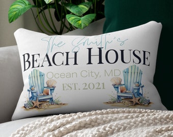 Almohada de casa de playa, almohada con apellido, almohada con nombre de familia, almohada de océano, regalos de casa de playa, almohada personalizada, regalo personalizado