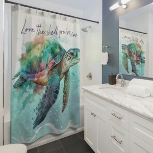 Beach Shower Curtain, Coastal Shower Curtain, Body Positive Sea Turtle Shower Curtain, Summer Bath Decor, Ocean Bathroom Decor