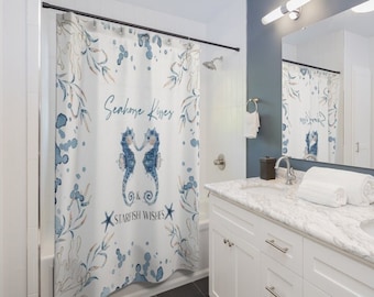 Coastal Shower Curtain, Beach Shower Curtain, Starfish Shower Curtain, Summer Bath Decor, Coastal Bathroom Decor, Seahorse Bathroom