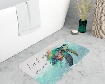 Beach Bath Mat, Coastal Bathroom, Body Positive Sea Turtle, Cute Ocean Bath Rug, Summer Bath Decor, Beach Housewarming Gift