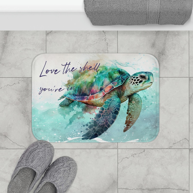 Beach Bath Mat, Coastal Bathroom, Body Positive Sea Turtle, Cute Ocean Bath Rug, Summer Bath Decor, Beach Housewarming Gift image 5