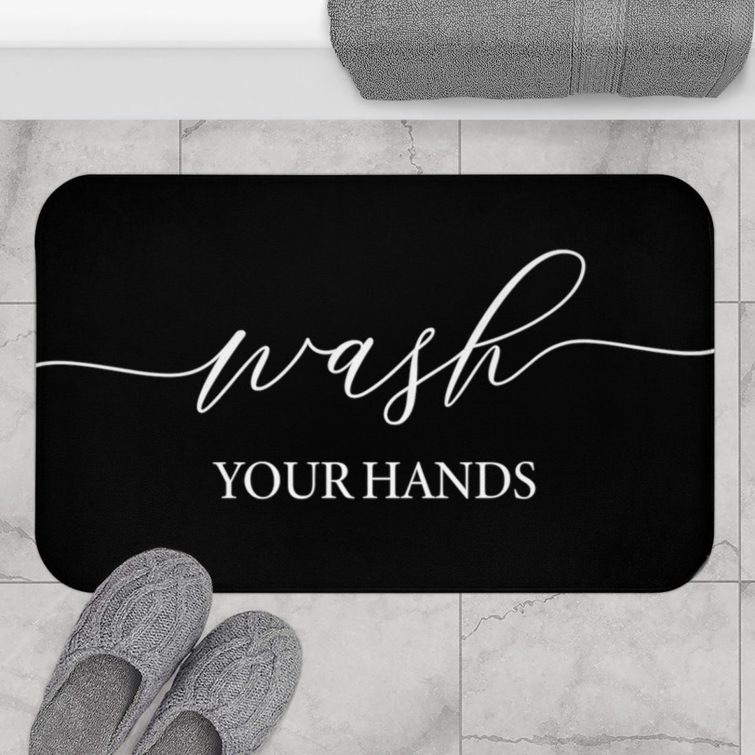Wash Your Hands Bath Mat, Cute Bath Mat, Minimalist Bath Mat, Bathroom Rug, Black and White Bath ...