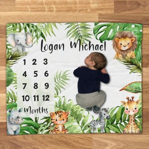 Personalized Safari Jungle Animal Milestone Blanket for Baby Boy or ...