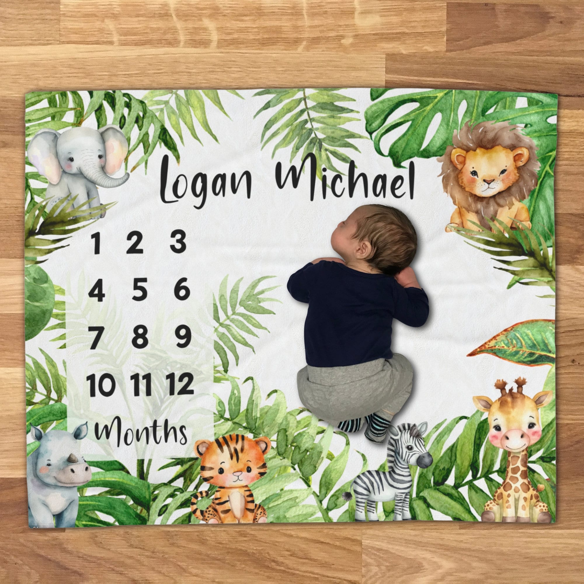 Personalized Safari Jungle Animal Milestone Blanket for Baby Boy or ...