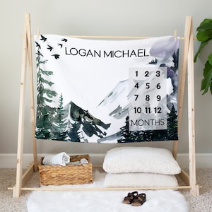 Personalized Mountain Milestone Blanket for a Baby Boy, Custom Baby Shower Gift for New Mom, Adventure Baby Blanket, Monthly Growth Tracker