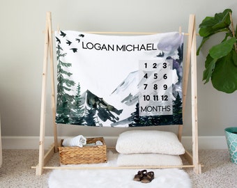Personalized Mountain Milestone Blanket for a Baby Boy, Custom Baby Shower Gift for New Mom, Adventure Baby Blanket, Monthly Growth Tracker