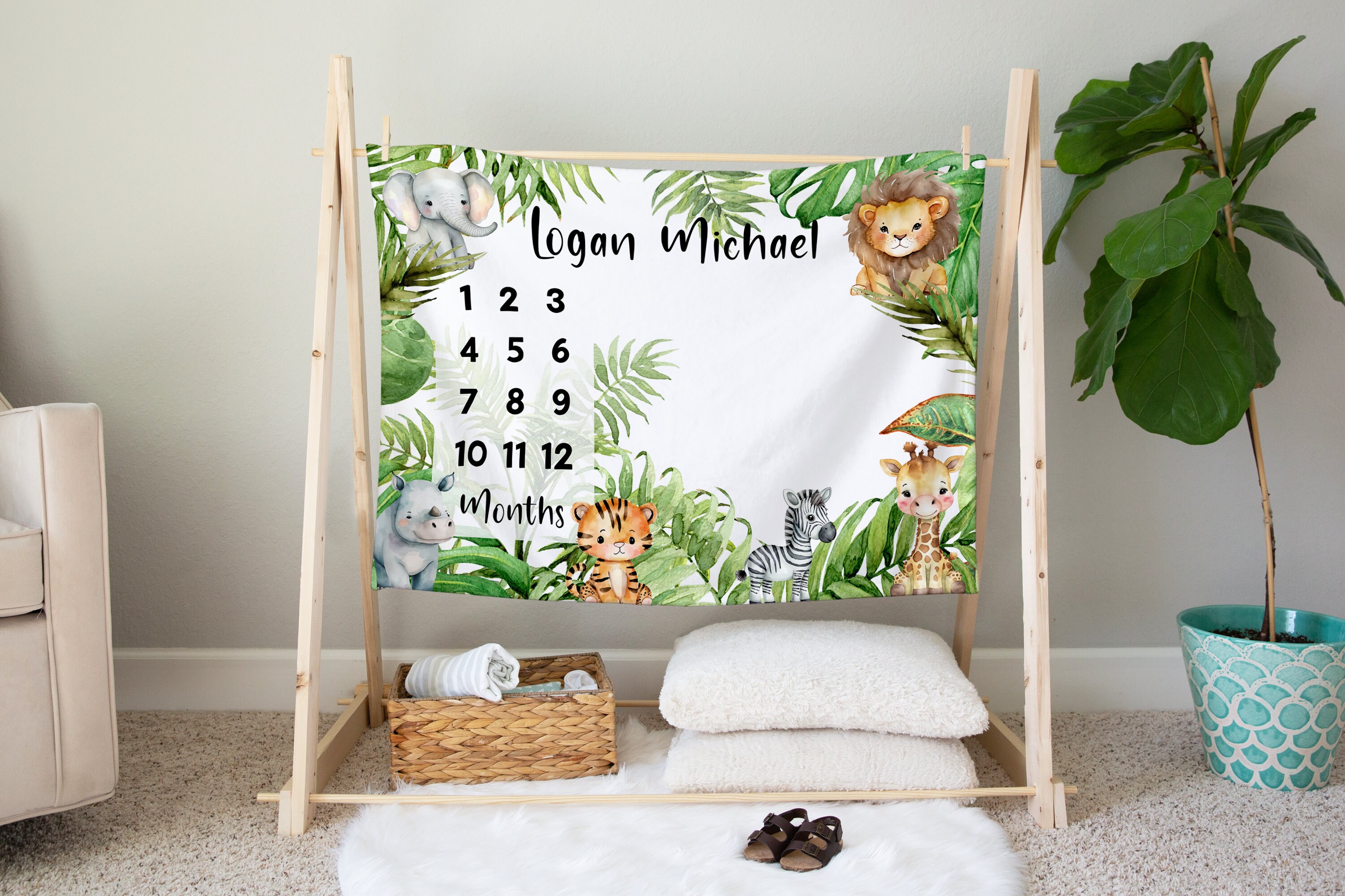 Personalized Safari Jungle Animal Milestone Blanket for Baby Boy or ...