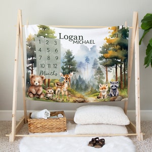 Woodland Milestone Blanket, Monthly Growth Tracker, Forest Animal Baby Shower Gift, Woodland Theme Nursery, Personalized Baby Boy Blanket