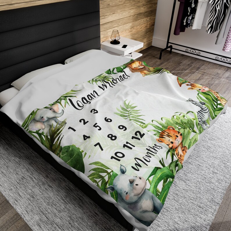 Personalized Safari Jungle Animal Milestone Blanket for Baby Boy or ...