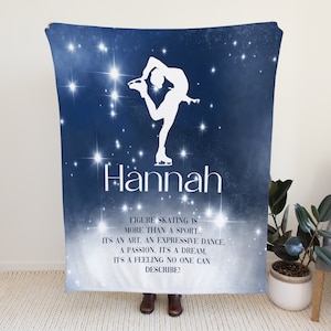 May include: A navy blue blanket with a white silhouette of a figure skater, the name "Hannah", and text about figure skating. The background has a starry night design with white sparkles.