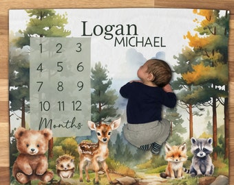Woodland Milestone Blanket, Monthly Growth Tracker, Forest Animal Baby Shower Gift, Woodland Theme Nursery, Personalized Baby Boy Blanket
