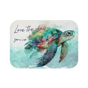 Beach Bath Mat, Coastal Bathroom, Body Positive Sea Turtle, Cute Ocean Bath Rug, Summer Bath Decor, Beach Housewarming Gift image 2