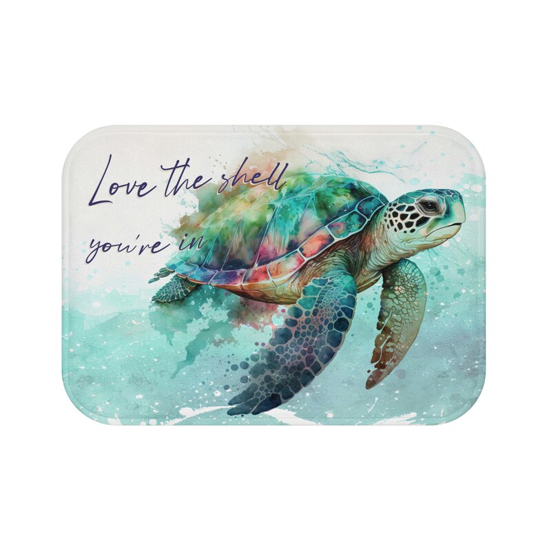 Beach Bath Mat, Coastal Bathroom, Body Positive Sea Turtle, Cute Ocean Bath Rug, Summer Bath Decor, Beach Housewarming Gift image 2