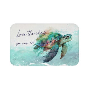Beach Bath Mat, Coastal Bathroom, Body Positive Sea Turtle, Cute Ocean Bath Rug, Summer Bath Decor, Beach Housewarming Gift image 6