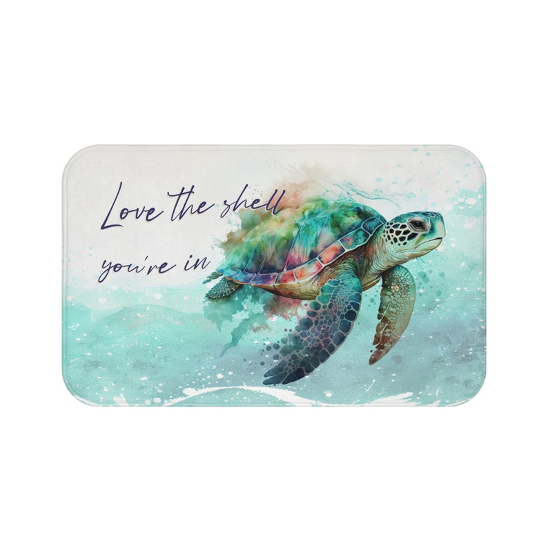 Beach Bath Mat, Coastal Bathroom, Body Positive Sea Turtle, Cute Ocean Bath Rug, Summer Bath Decor, Beach Housewarming Gift image 6