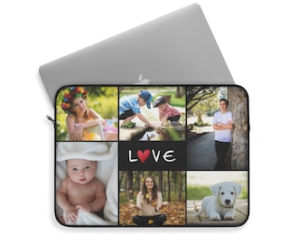 May include: A laptop sleeve with a collage of six photos. The photos show a baby, a young girl, two boys, a woman, and a dog. The word "LOVE" is written in white with a red heart in the center.