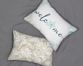 Beach House Pillow, Welcome Pillow, Starfish Pillow, Beach Decor, Seashell Pillow, House Warming Gift, Summer Throw Pillow, Lumbar Pillow