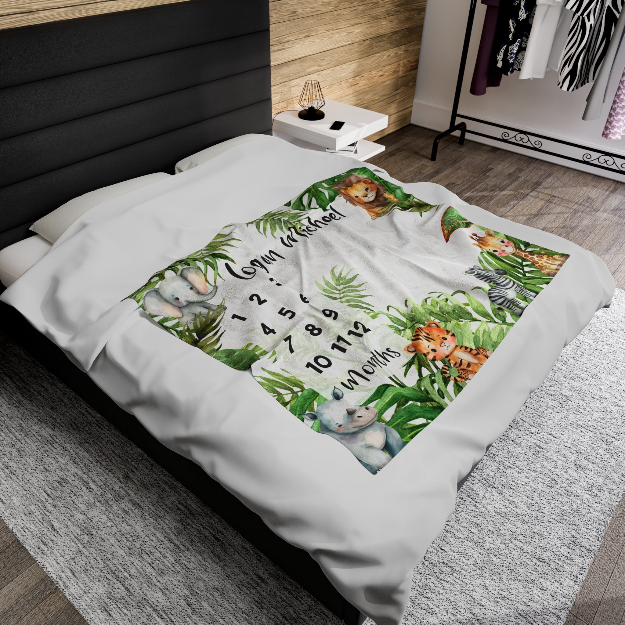 Personalized Safari Jungle Animal Milestone Blanket for Baby Boy or ...