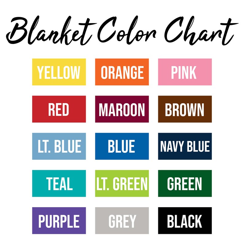 Puede incluir: Una carta de colores para mantas con 12 muestras de colores diferentes. Los colores son: amarillo, naranja, rosa, rojo, granate, marr&oacute;n, azul claro, azul, azul marino, verde azulado, verde claro, verde, morado, gris y negro.