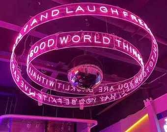 LED Light Ring Sculpture – Ceiling-Mounted Neon Chandelier for Art Galleries, Museums, Creative Installations, or Exhibit Spaces
