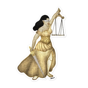 Sticker Vrouwe Justitia - cadeau vrouwelijk recht, esthetische sticker advocaat, sticker juridisch thema, juridisch geschenk, rechtszaal kunst
